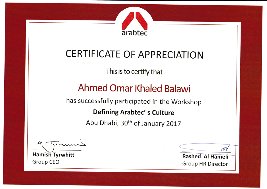 Arabtec Culture Workshop Certificate
